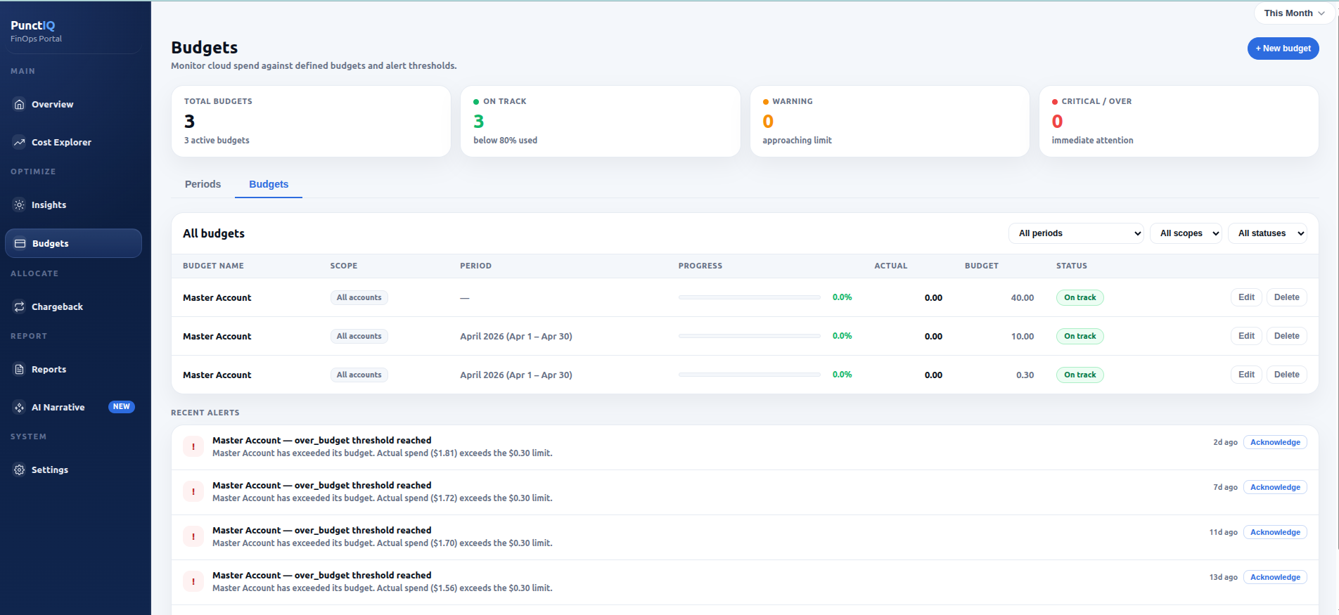 Punctiq budgets dashboard